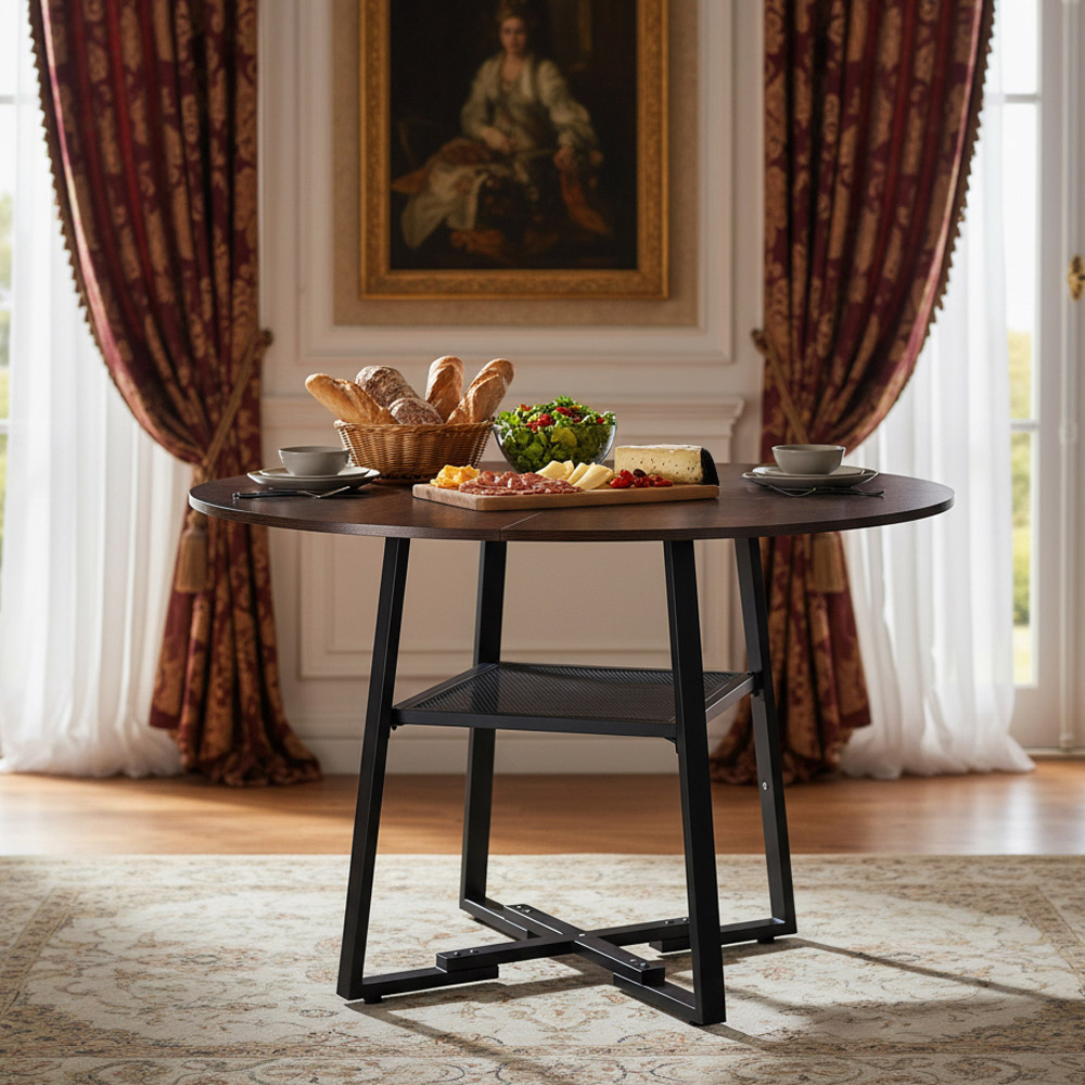 Living and Home 4 Seater Vintage Wood Effect Round Dining Table with Storage Shelf Image 7