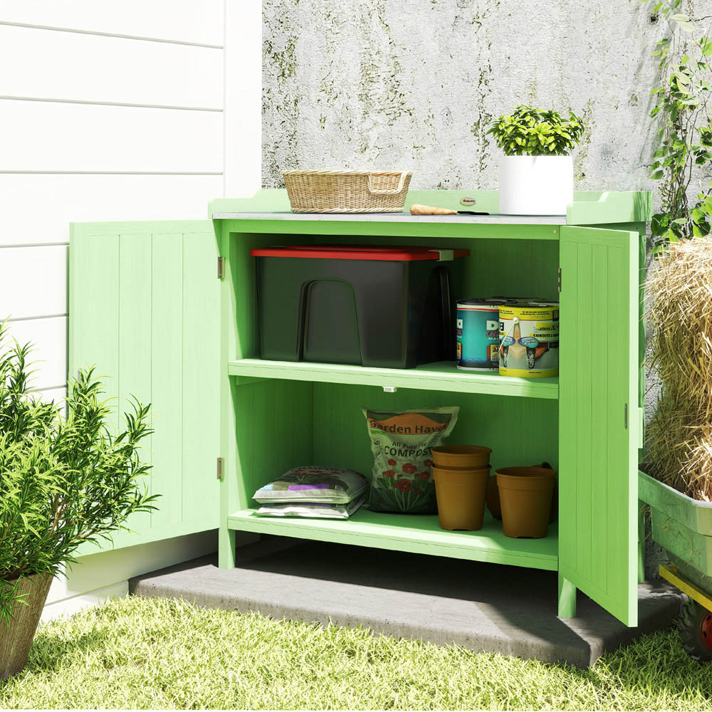 Outsunny 2 Door Green Garden Storage Cabinet with Galvanised Top Image 2