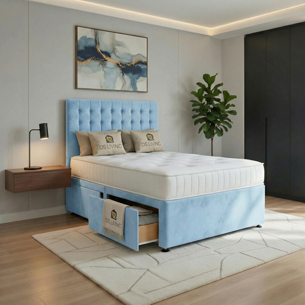 DS Living Casia Super King Size Sky Blue Plush Velvet Divan Bed with 4 Drawer Image 4