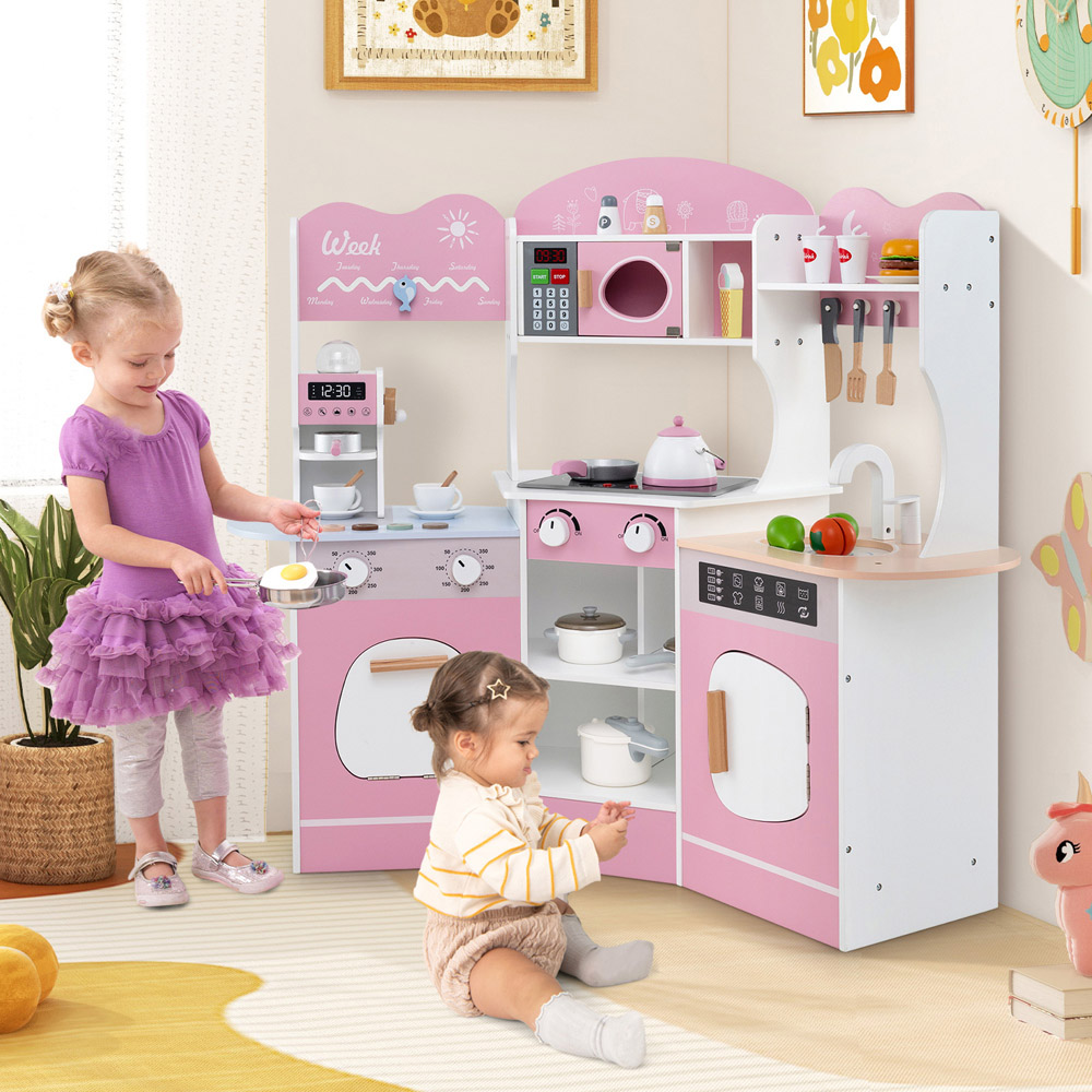 Costway Pink Kids Corner Wooden Play Kitchen Image 2