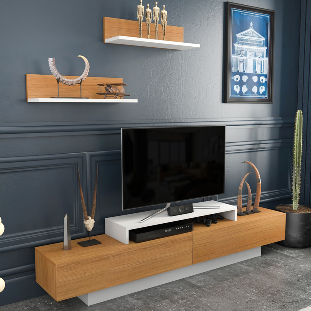 Decorotika Lusi 2 Door Single Shelf White and Teak TV Unit with 2 Wall Shelf Image 1