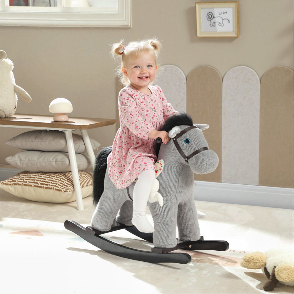 Tommy Toys AIYAPLAY Kids Grey Ride On Rocking Horse with Interactive Sounds and Rabbit Doll Image 2