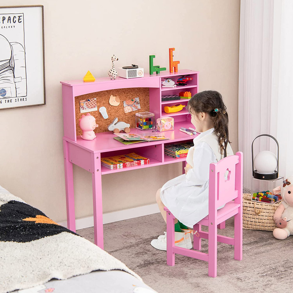 Costway Kids Pink Table and Chair Set with Hutch Image 3