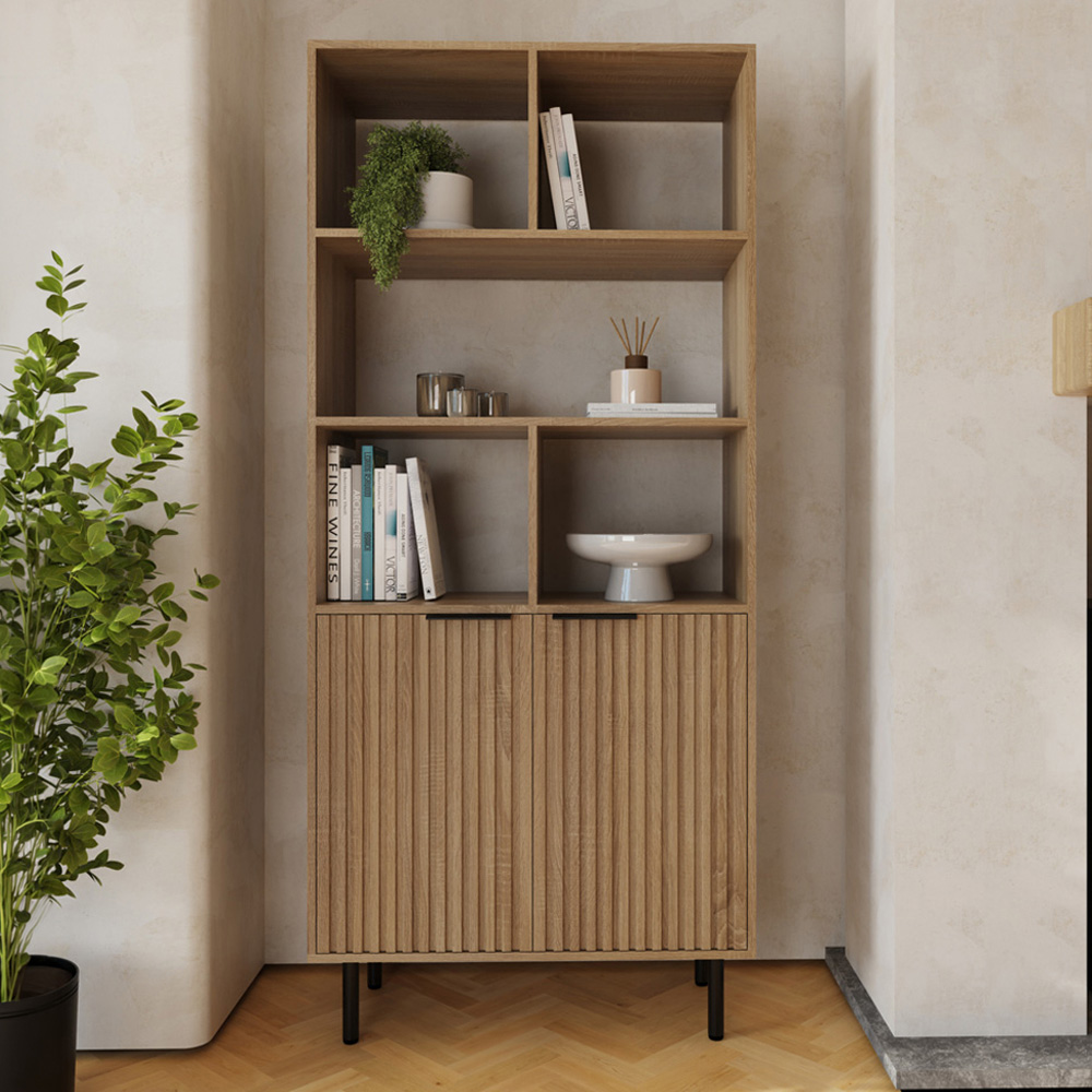 GFW Nervata 2 Door 5 Shelf Oak and Black Ribbed Tall Shelving Unit Image 1
