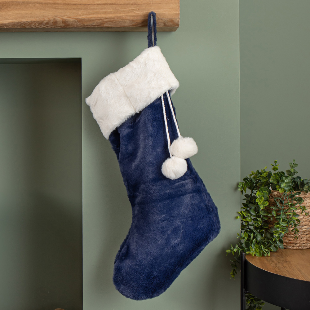 Samuel Alexander Blue Plush Hanging Christmas Stocking with Faux Fur Trim and Pom Poms 55cm Image 2