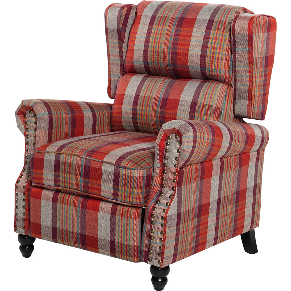 Living and Home Red Plaid Wingback Recliner Armchair with Adjustable Backrest and Footrest Image 2