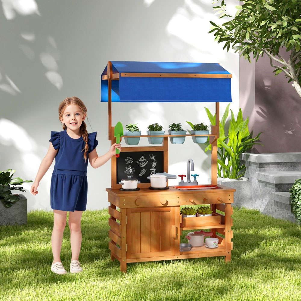 Costway Kids Natural Fir Wood Kitchen Play Set with Adjustable Canopy and Sink Image 2