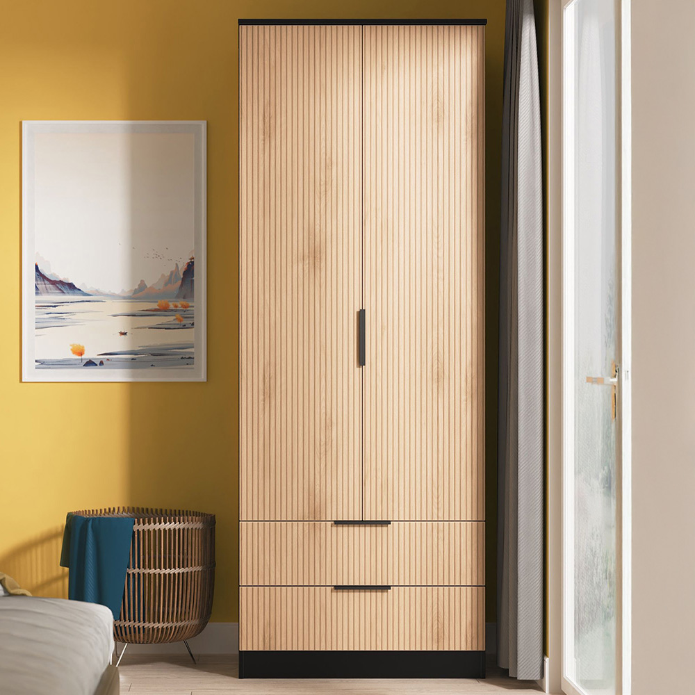 Crowndale Java 2 Door 2 Drawer Slatt Effect and Black Tall Wardrobe Ready Assembled Image 1