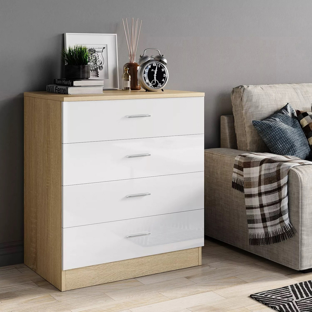 Brooklyn 4 Drawer Oak and White High Gloss Chest of Drawers Image 3