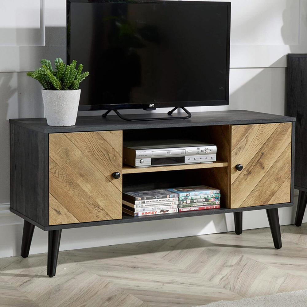 Home Source Dallas 2 Door 2 Shelf Black Frame TV Unit Image 1