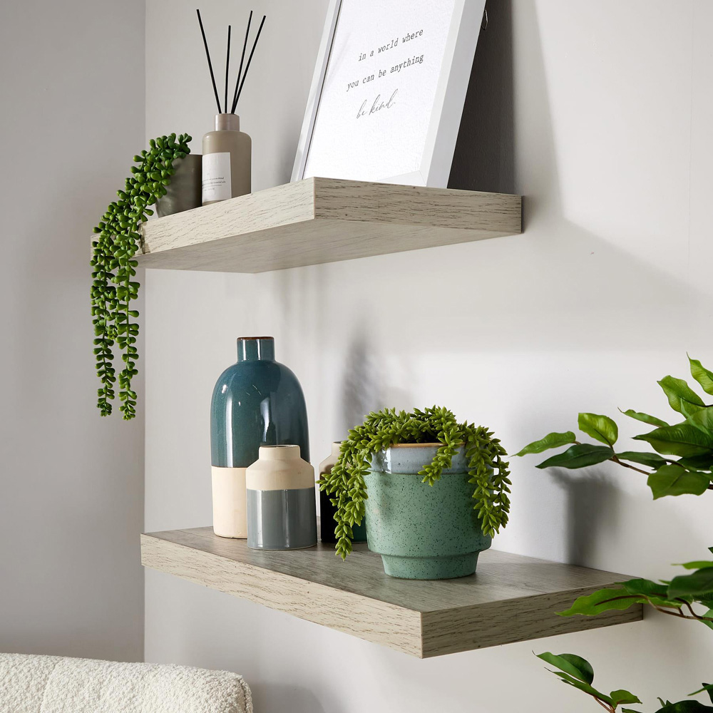 Home Source Cloud 60cm Set of 2 Grey Oak Finish Floating Shelf Image 5