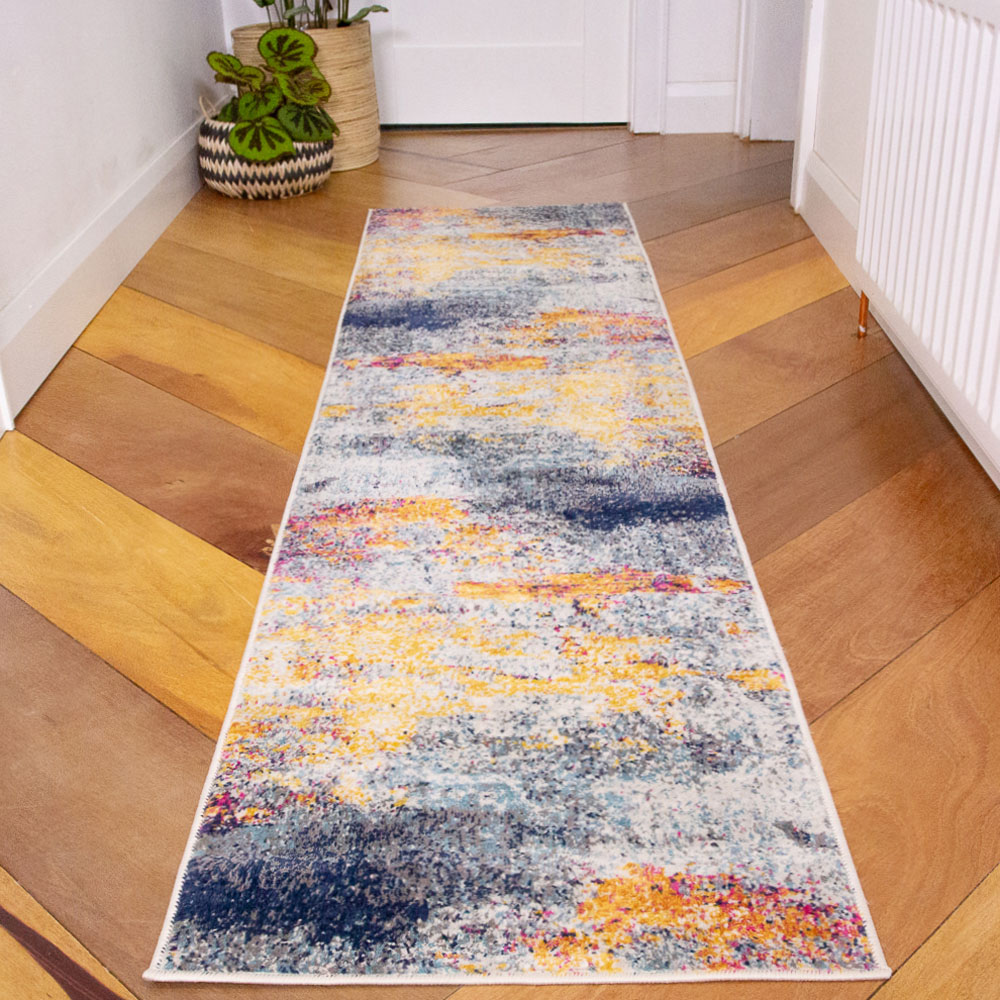 Kukoon Navy Blue and Ochre Distressed Abstract Rug 240 x 60cm Image 2