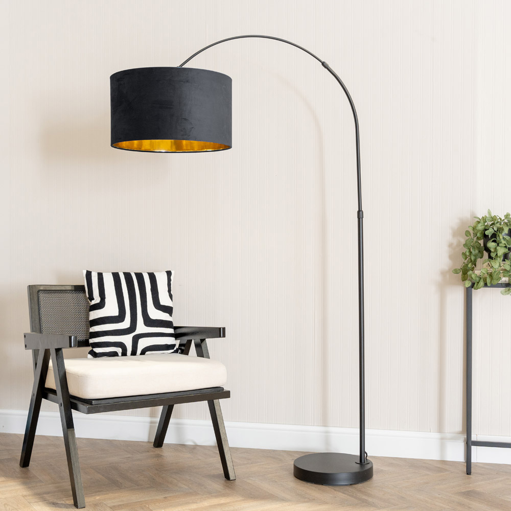ValueLights Louis Black Arched LED Floor Lamp with Black and Gold Velvet Drum Lamp Shade Image 2