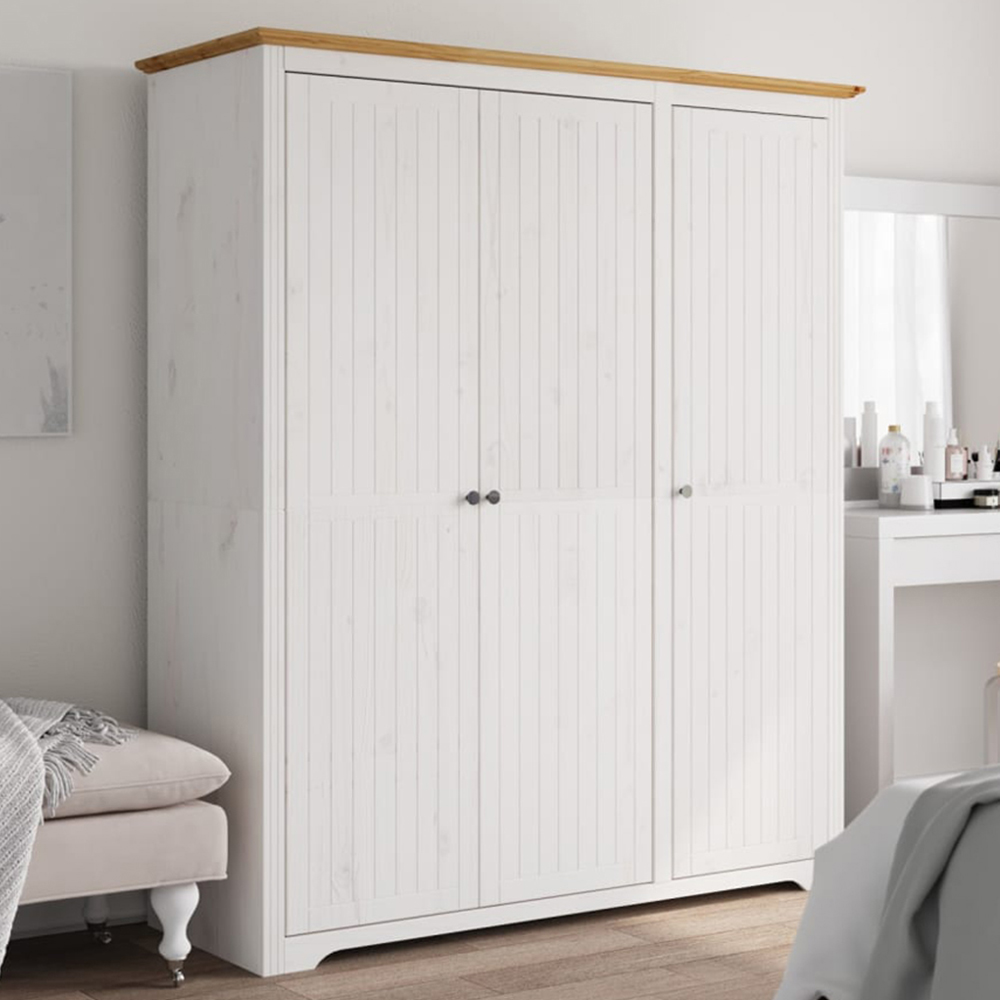vidaXL Bodo 3 Door White and Brown Solid Pine Wood Wardrobe Image 1