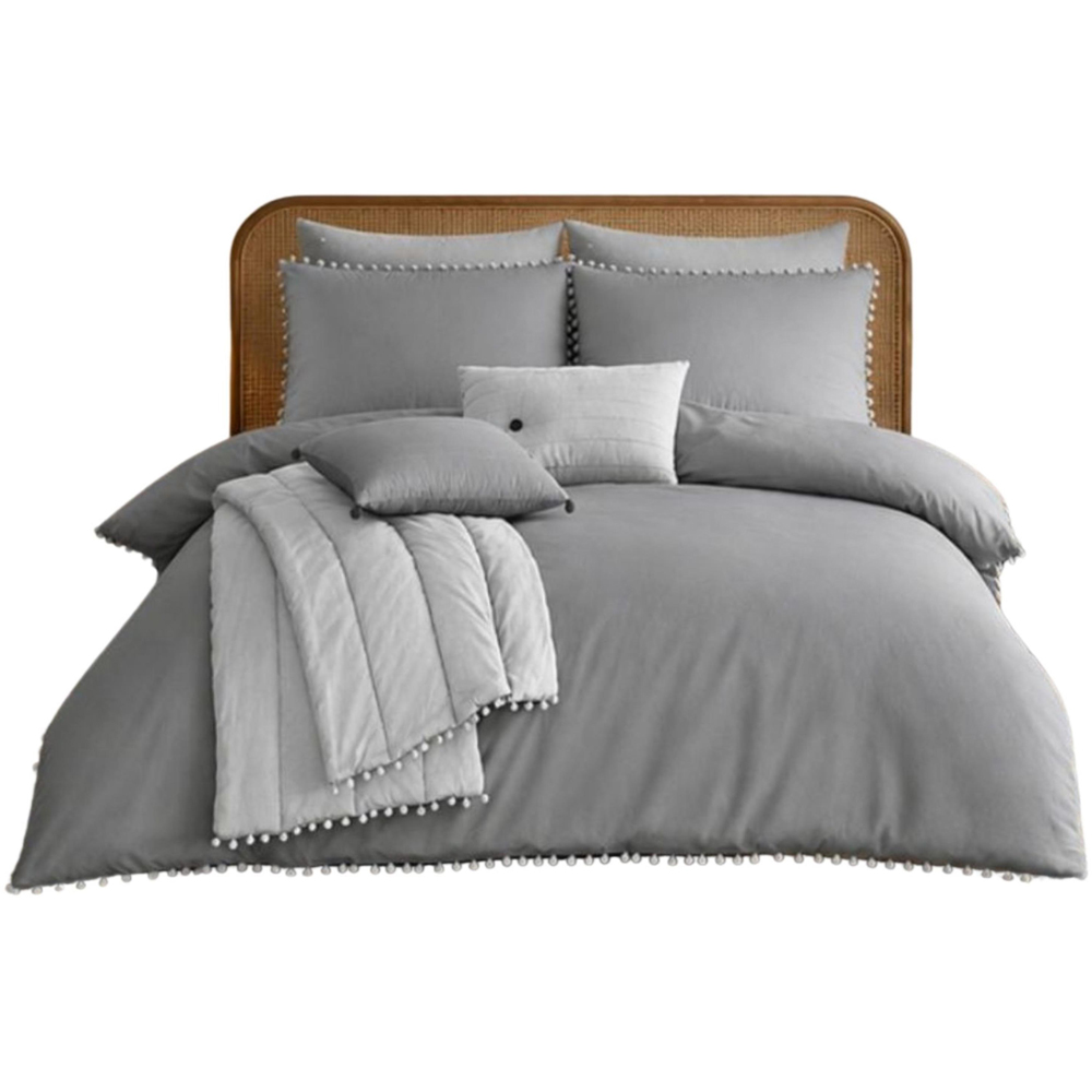 Smart Living Super King Size Charcoal Pom Pom Duvet Cover Set Image 2