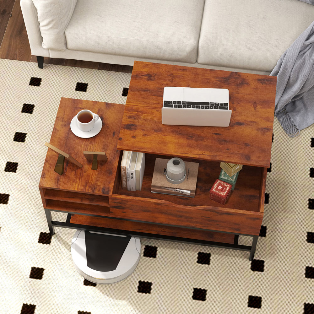 Costway 3 Shelf Rustic Brown Lift Up Top Coffee Table Image 4
