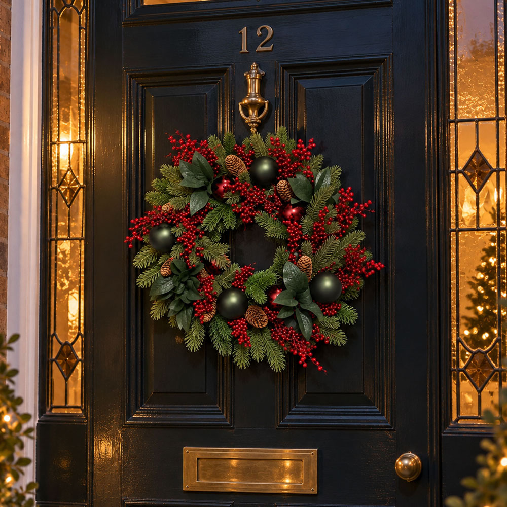 Neo Green and Red Artificial Christmas Wreath with Berries and Pine Cones 50cm Image 2