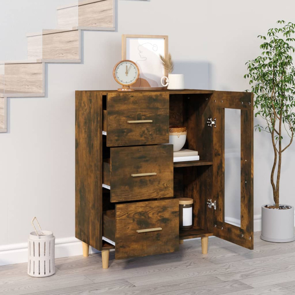 vidaXL Single Glass Door 3 Drawer Smoked Oak Sideboard Image 3
