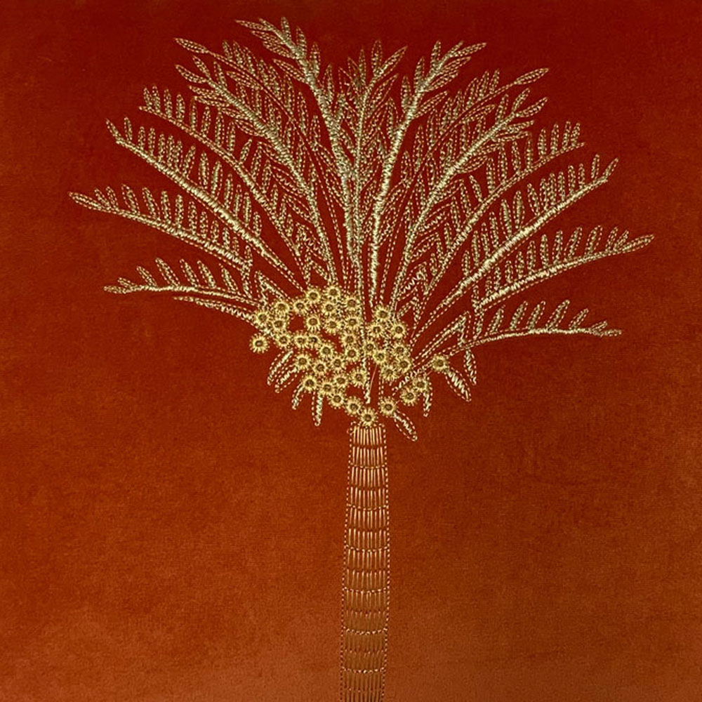 furn. Desert Palm Coral Embroidered Velvet Cushion Image 3