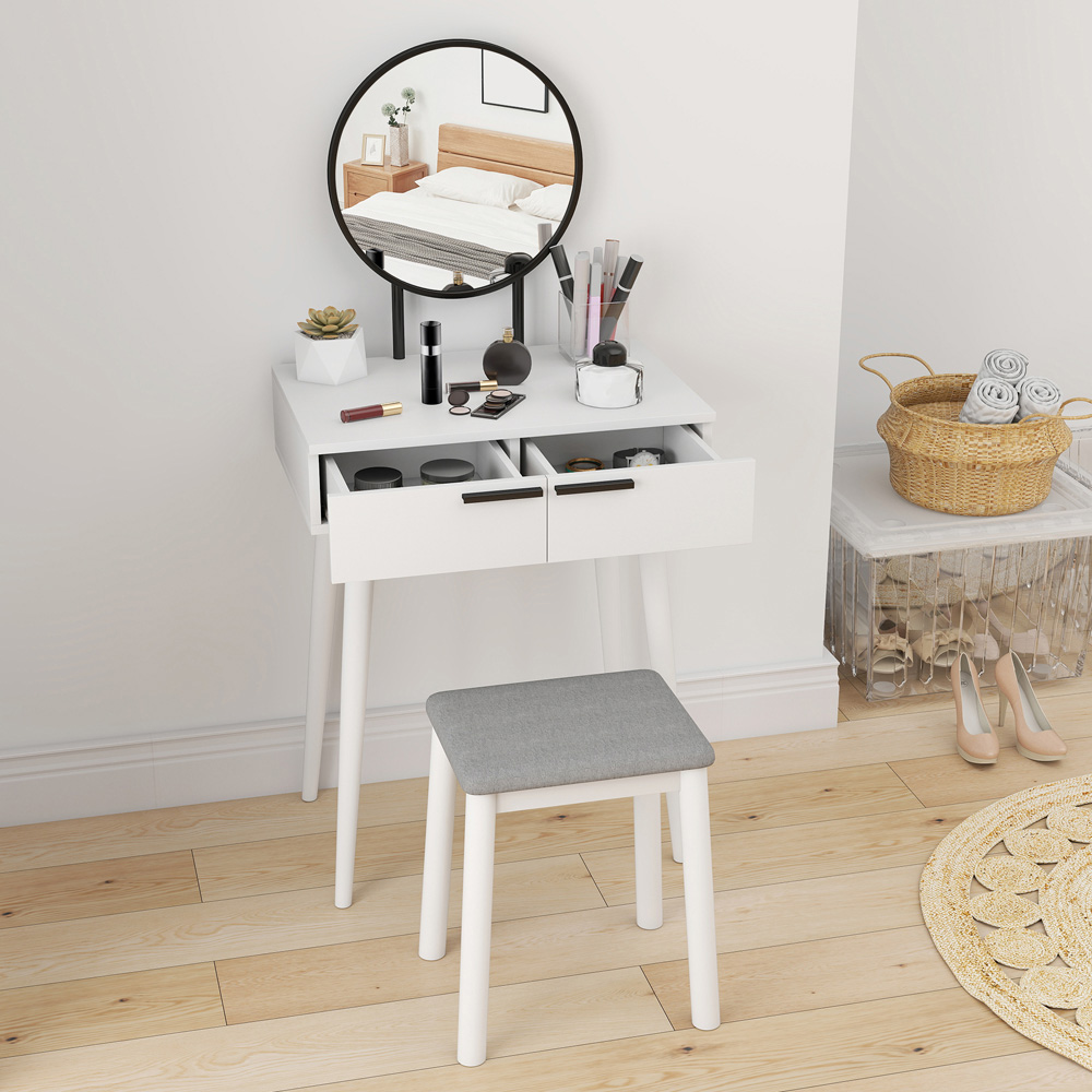 HOMCOM 2 Drawer White Dressing Table Vanity Set with Mirror and Stool Image 6