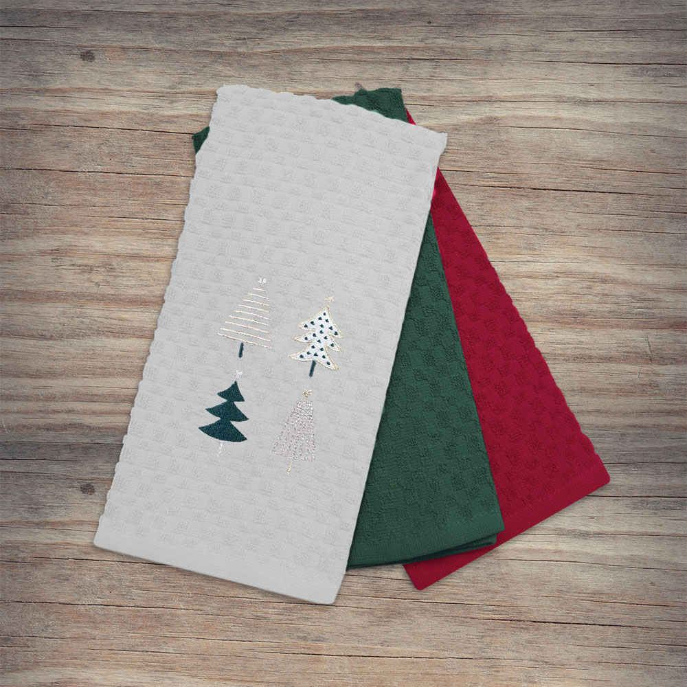 Noel Square Xmas Trees White Tea Towel 3 Pack Image 2