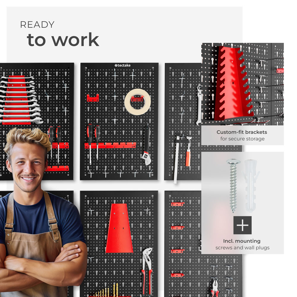 tectake Jonah 6 Panel Tool Pegboard Set with Hooks and Holders Image 3