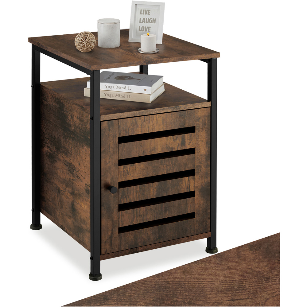 Tectake Cork Single Door Single Shelf Rustic Dark Wood Bedside Table Image 2