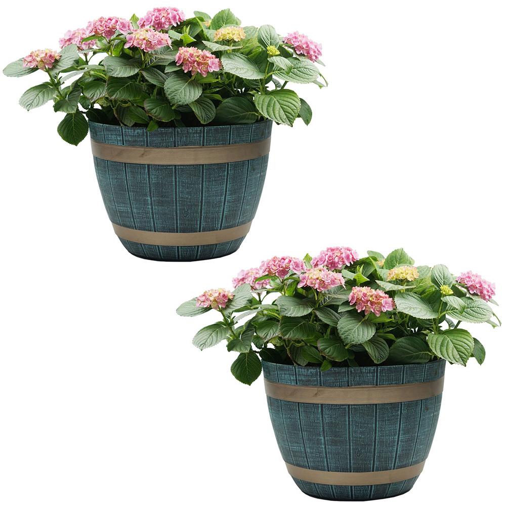Gr8 Home Blue Rustic Style Plastic Half Barrel Plant Pot 38cm 2 Pack Image 1