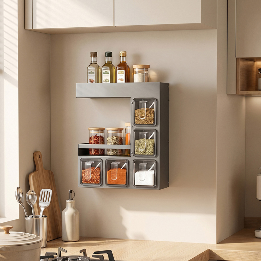 Living and Home 3-Tier Gunmetal Grey Wall Mounted Spice Rack with 5 Spoons Image 2