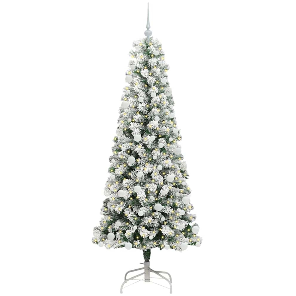 vidaXL Pre-Lit Warm White LED and White Baubles Snow Flocked Artificial Christmas Tree 6ft Image 1
