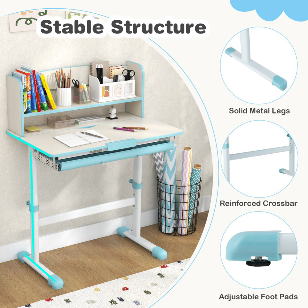 Costway Kids Single Drawer 2 Shelf Adjustable Tilted Desk Blue Image 8