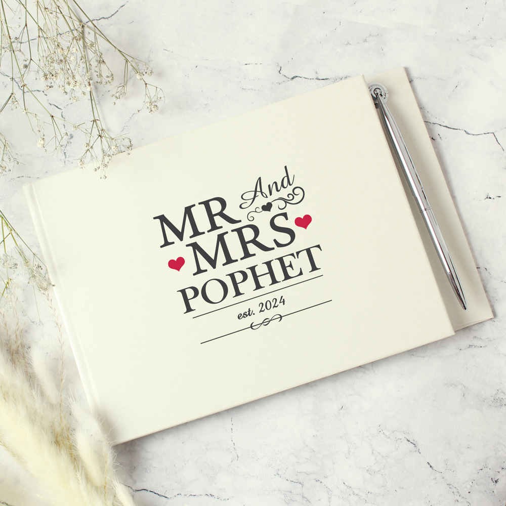 Personalised Memento Personalised Mr and Mrs Hardback Guest Book and Pen Image 3