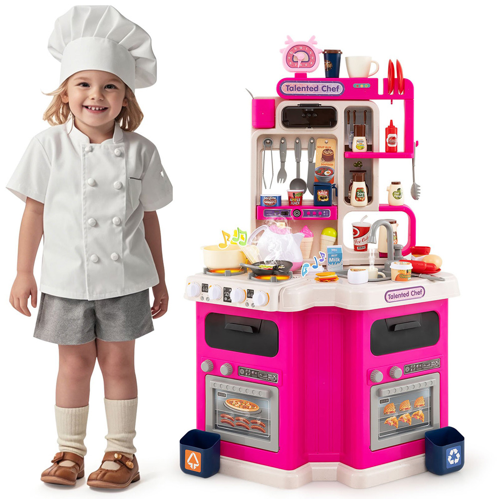 Costway Kids Pink Corner Kitchen Play Set with Realistic Sounds and Lights Image 3