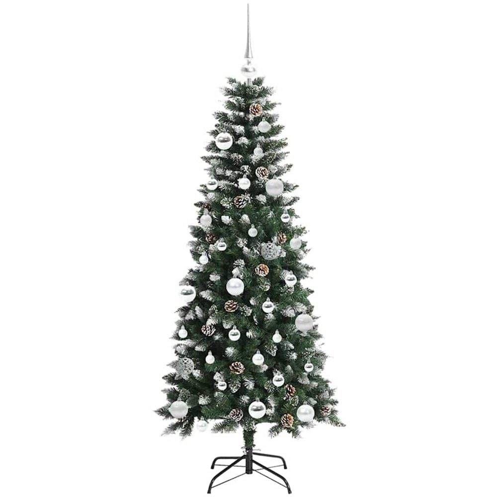 vidaXL Pre-Lit Silver Baubles Green Artificial Snow Tipped Christmas Tree 5ft Image 4
