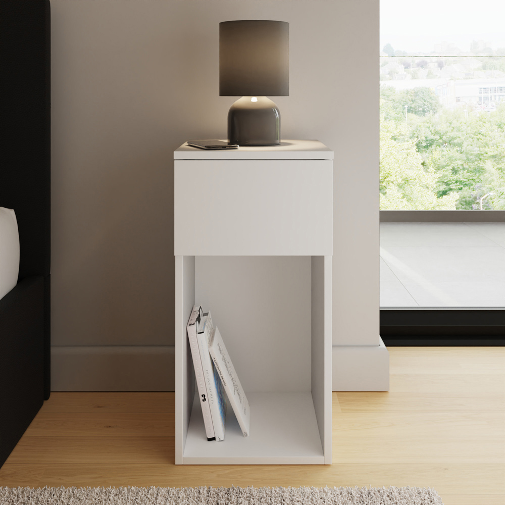 GFW Finn Single Drawer Single Shelf White Slim Bedside Table Image 3