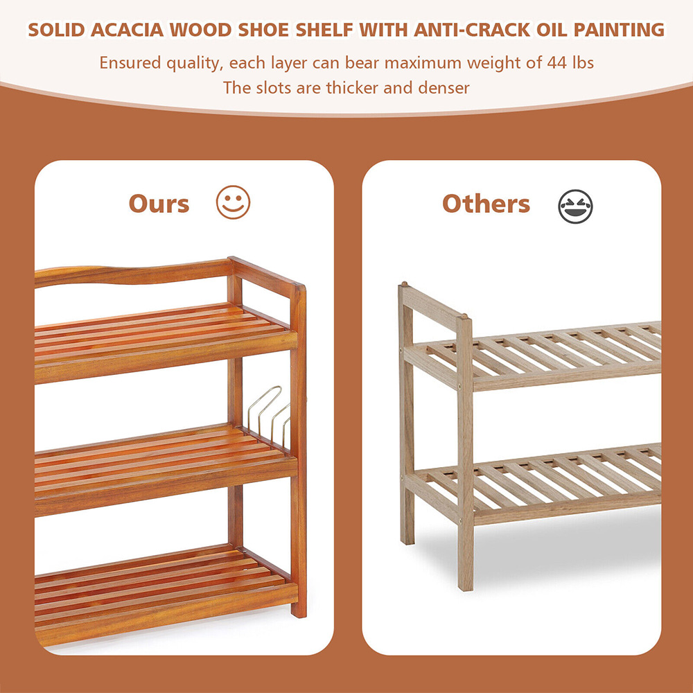Costway 2 Shelf Acacia Wood Shoe Rack with Metal Hooks Image 7