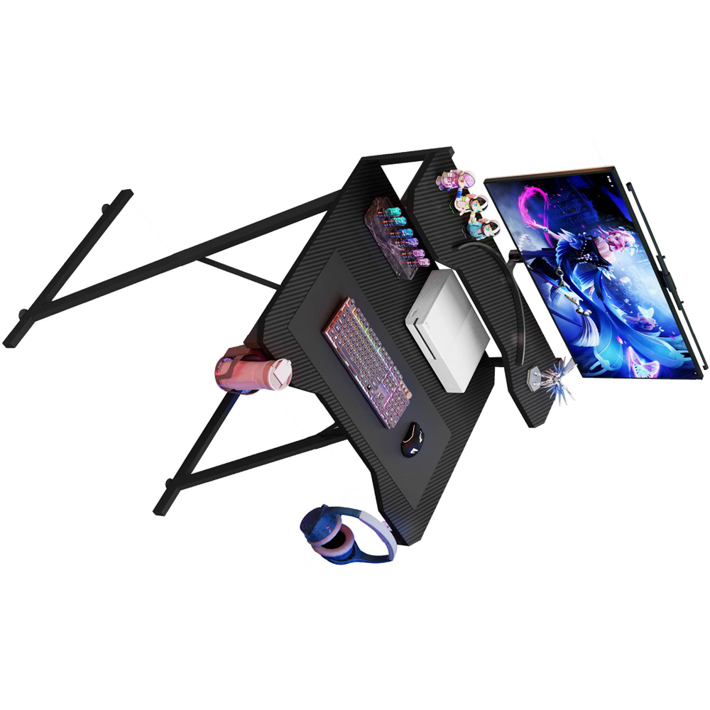 House of Home Carbon Fibre Top Gaming Desk with Monitor Stand Black Image 2