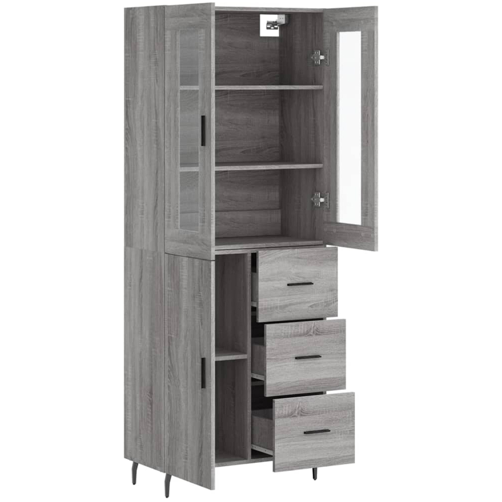 vidaXL 3 Glass and Wood Door 3 Drawer Grey Highboard with Black Handle Image 4