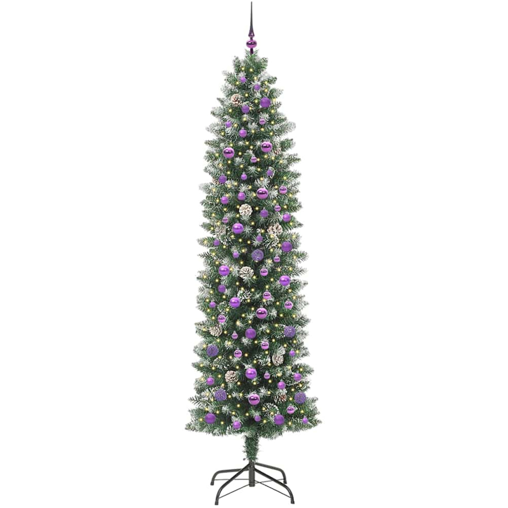 vidaXL Pre-Lit Warm White LED and Lilac Baubles Green Slim Artificial Christmas Tree 8ft Image 1