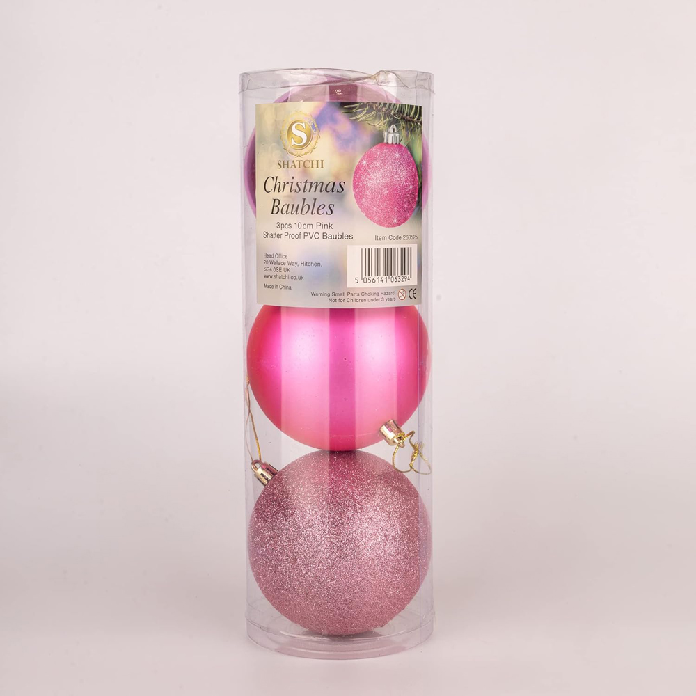 Shatchi 10cm Pink Shatterproof Christmas Bauble 3 Pack Image 4