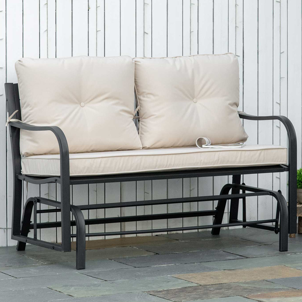 Outsunny 2 Seater Khaki Steel Glider Bench with Armrest Image 1