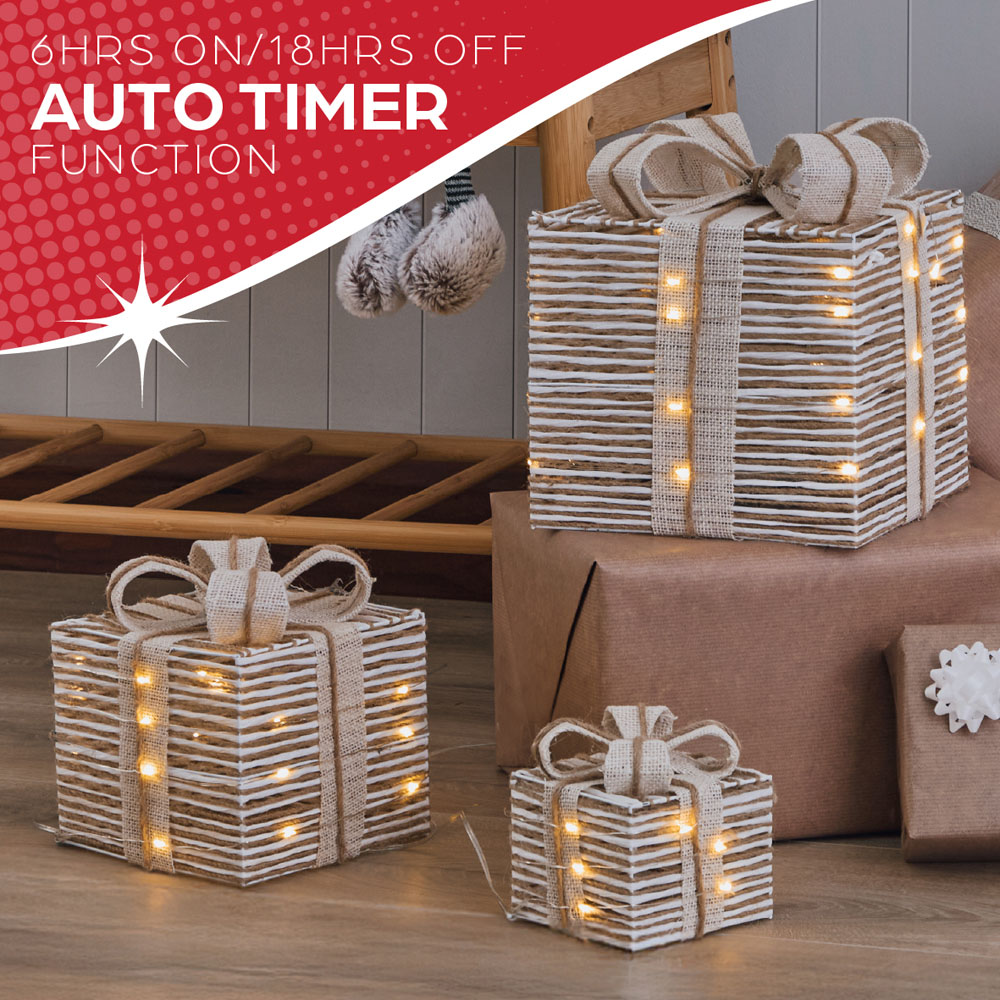 The Christmas Workshop 60 Warm White LED Natural Gift Box Decoration Set of 3 Image 3