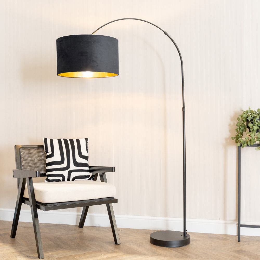 ValueLights Louis Black Arched LED Floor Lamp with Black and Gold Velvet Drum Lamp Shade Image 3