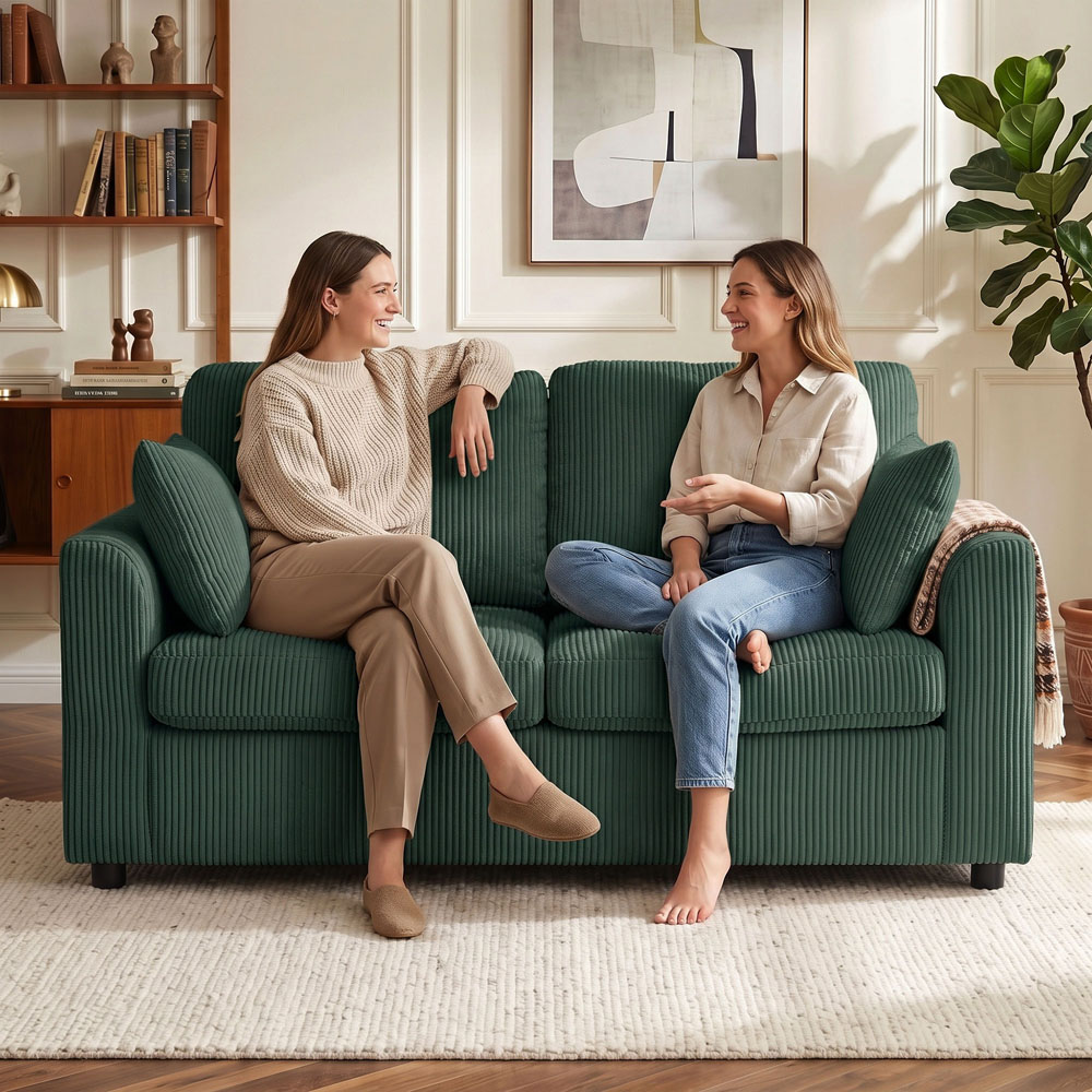 HOMCOM 2 Seater Dark Green Corduroy Upholstered Small Couch Sofa with Spring Cushion Image 2