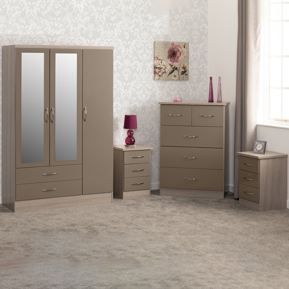 Seconique Nevada 3 Door 2 Drawer Oyster and Light Oak Effect Wardrobe Bedroom Set Image 1