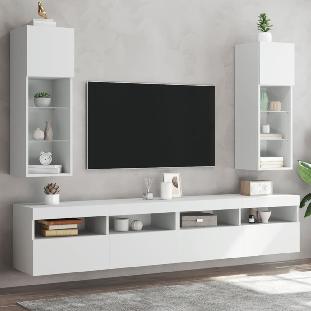 vidaXL Single Door 3 Shelf White TV Cabinet with LED Lights Set of 2 Image 1