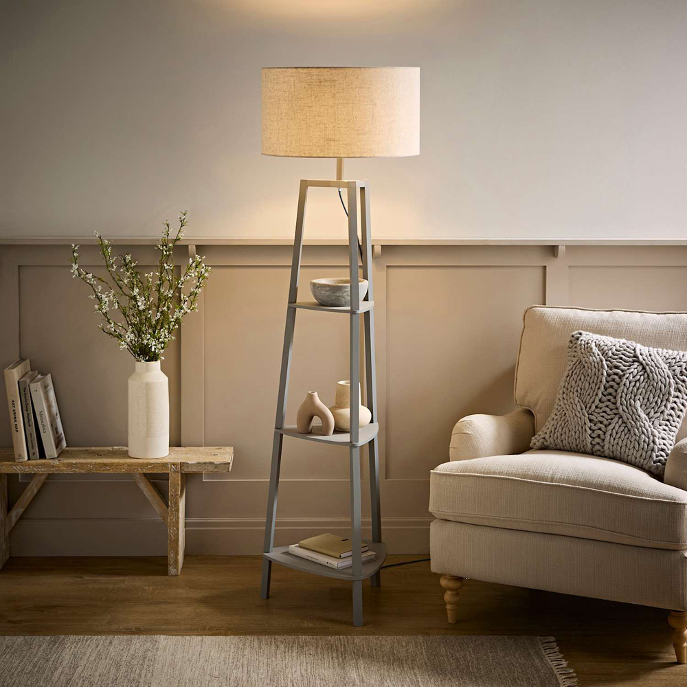 ValueLights Hiru 3 Shelf Linen Drum Shade Grey Wooden Floor Lamp with Bulb Image 5
