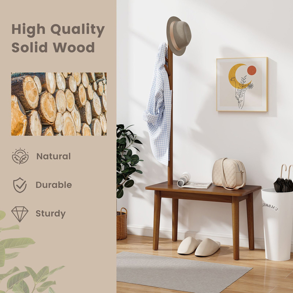 Costway 2 in 1 Coffee Solid Wood Coat Tree with Side Table Image 5