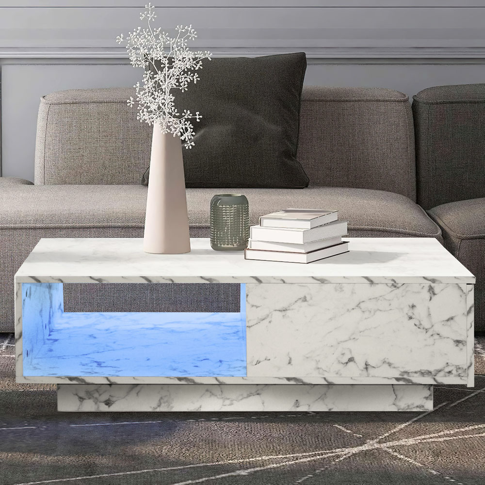 Comfy Living Single Shelf Single Drawer White Marble Effect High Gloss LED Coffee Table Image 1