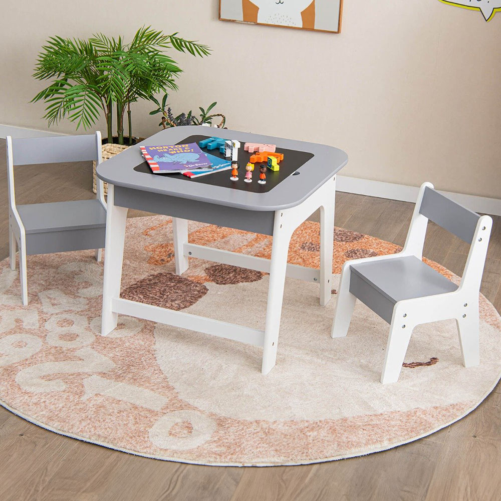 Costway 2 Seater Kids Grey Table and Chair Set with Hidden Storage Image 1